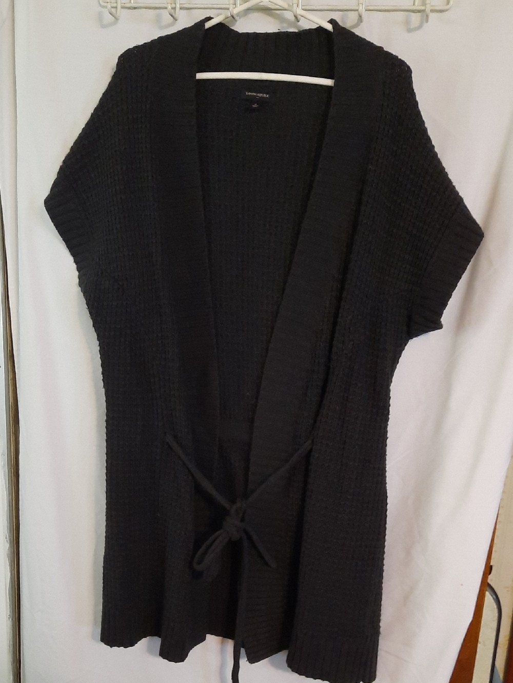Banana Republic Black Short-Sleeve Open-Front Knit Cardigan with Tie - Size XL